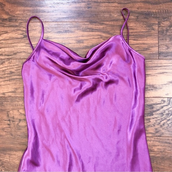 bebe • Satin Cowl Neck Slip Midi Dress Berry pink purple bias cut draped - Picture 4 of 11